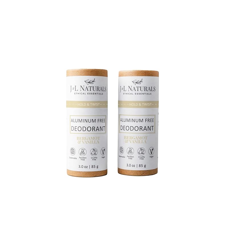J&L Naturals Aluminum Free Deodorant for Men & Women | 100% Natural Ingredients With Coconut Oil, Shea Butter, & Essential Oils | Sustainable, Eco-Friendly (Bergamot & Vanilla, 3.0 Oz (Pack of 2))