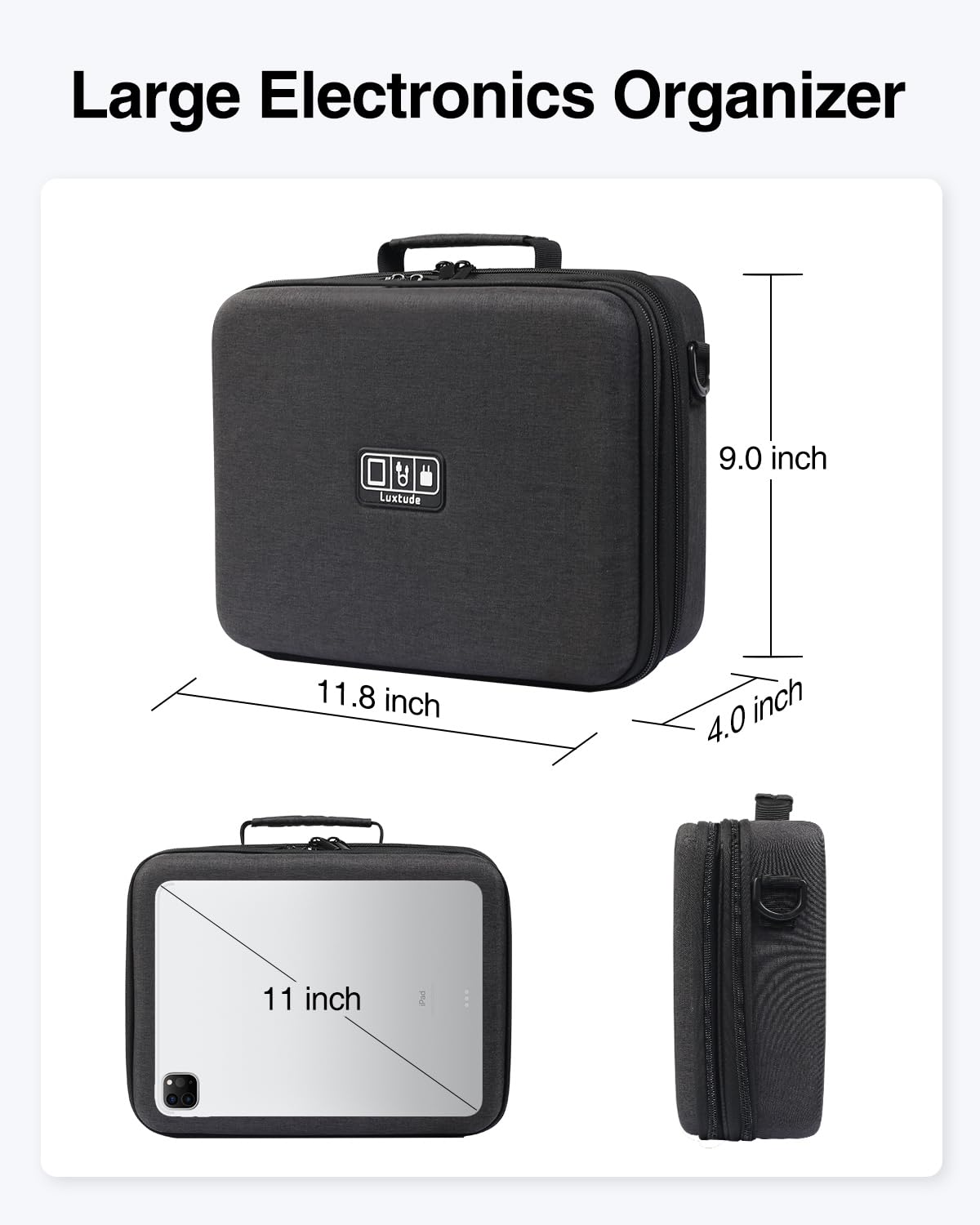 Luxtude Electronic Organizer Travel Case Large, Hard Case for Electronics with Shoulder Strap, Fits for iPad (Up to 11’’), Tech Gifts
