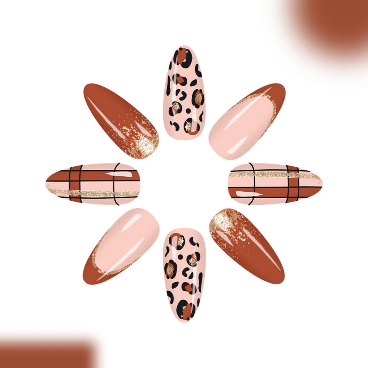 Medium Almond Press on Nails Brown Leopard Print French Tip Fake Nails Gold Glitter Leopard Print Designs Full Cover Acrylic Nails Removable Artificial Stick on Nails for Women 24 Pcs