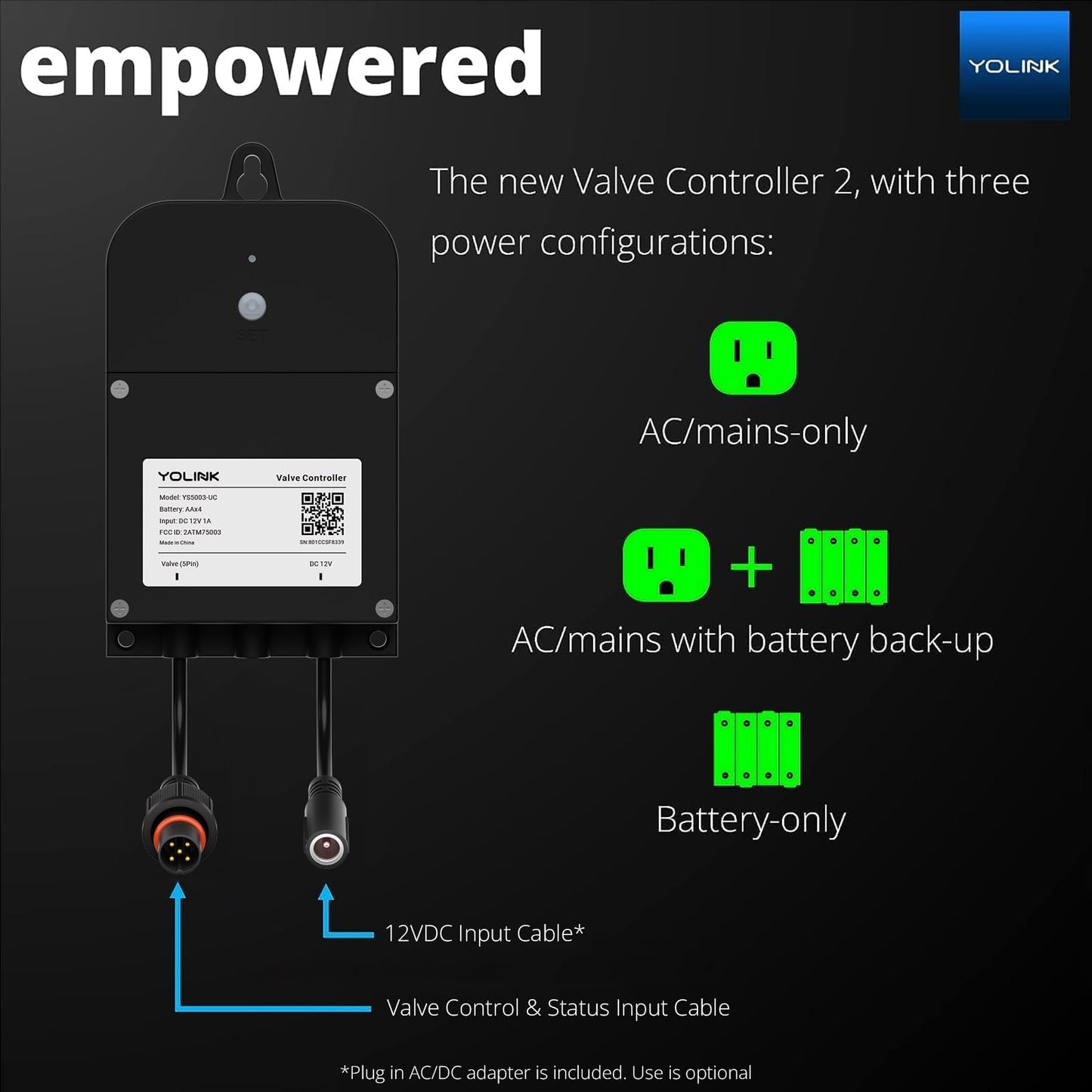 YoLink Wireless Smart Valve Control Kit, NSF Certified 1/2" Stainless Steel Motorized Valve, Wireless Controller 2, LoRa Long Range, D2D Offline with Leak Sensors, 2 Years Battery backup