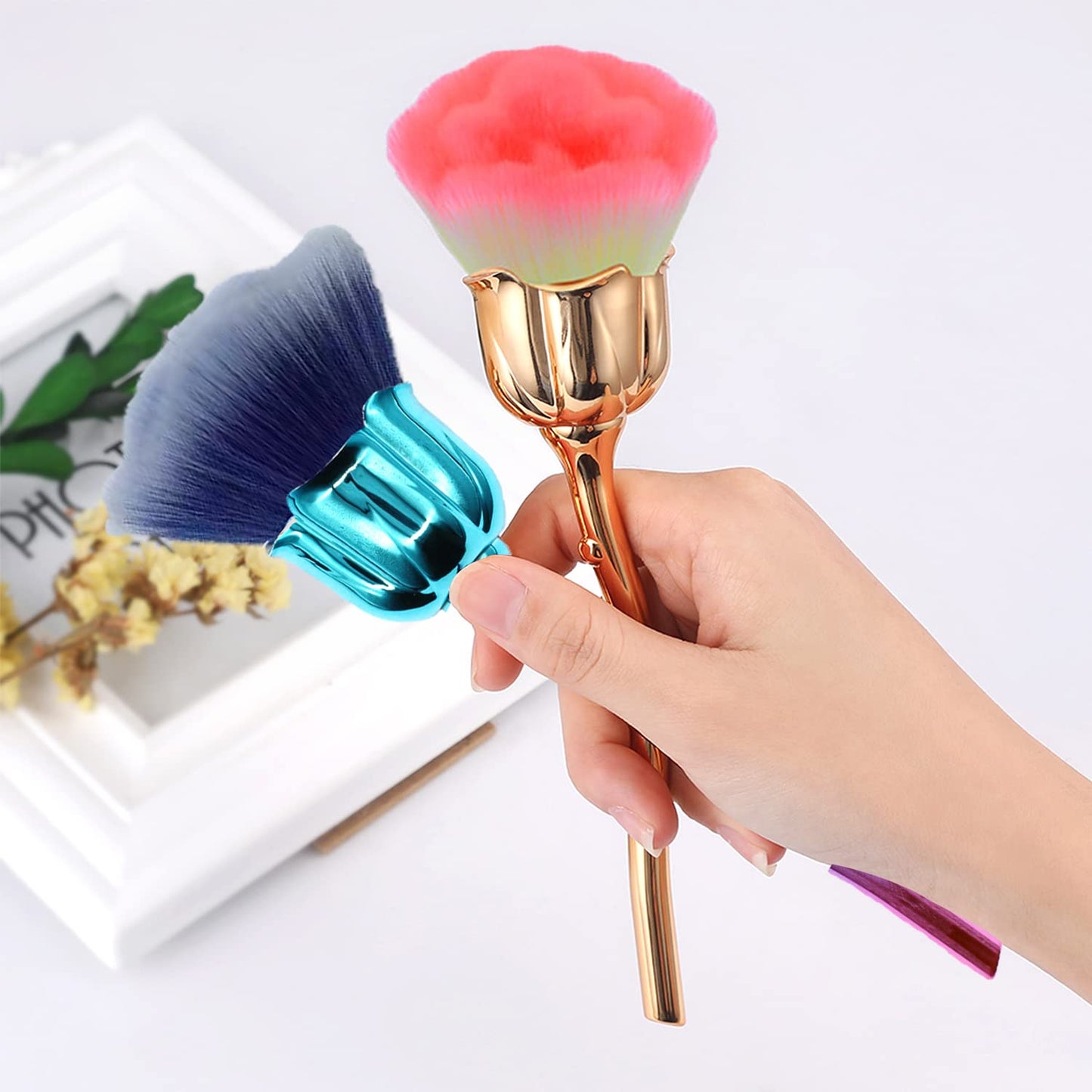 JERCLITY 2 Pieces Rose Makeup Brushes Blush Brush Super Large Face Powder Makeup Brushes kabuki brushes for Powder Cosmetic Nail Dust Brush Loose Powder Brush Makeup Manicure (Gold/Blue)