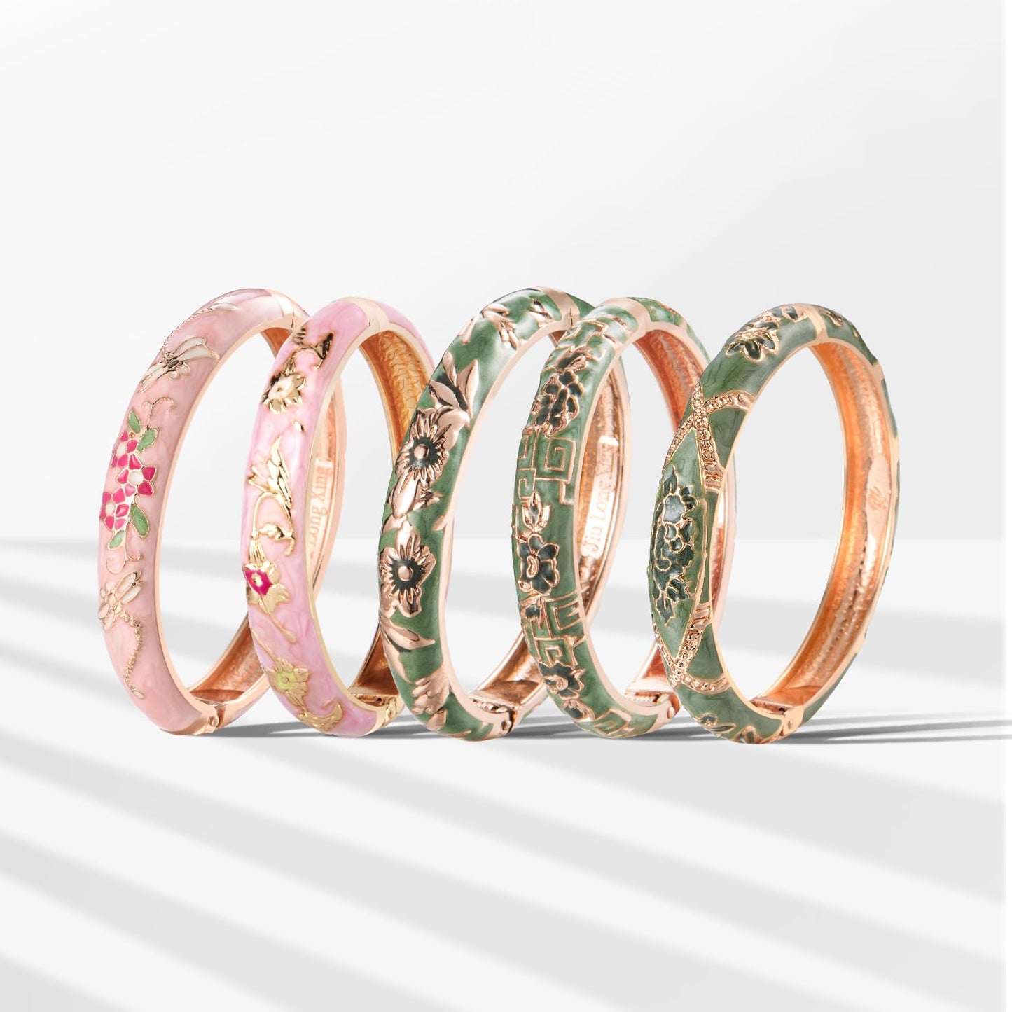 UJOY Bangles 5 Pcs Enamel Jewelry Set Rose Flower Engraved Cloisonne Bracelets Pack in a Box 5PCS Green Pink