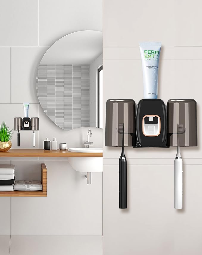 Toothpaste Dispenser Wall Mount with Toothbrush Holder, WAYCOM AutomaticToothpaste Squeezer 2 Cups Toothbrush Holder for Bathroom Accessories Tooth Brushing Holder Organizer and Storage