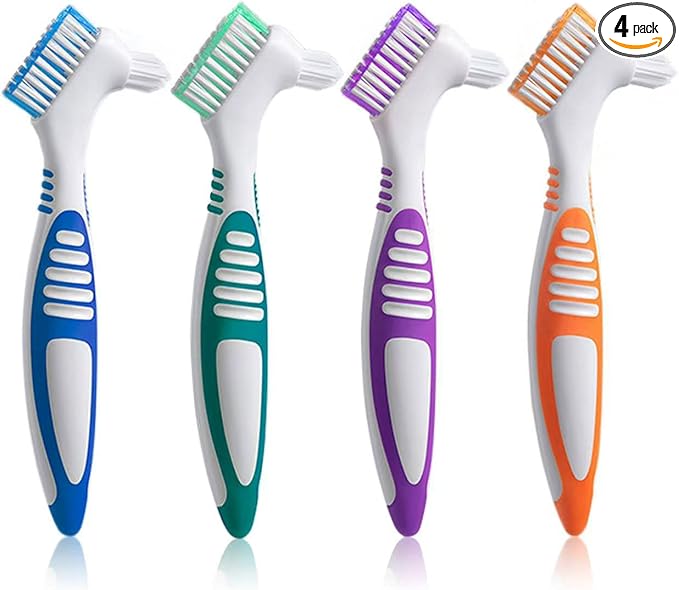 Denture Brush 4Pcs Denture Toothbrushes，Denture Cleaning Care Cleaning Brush ，Double Sided Toothbrush，Multi-Layered Bristles and Rubber Anti-Slip Handle (Purple, Green, Blue, Orange)