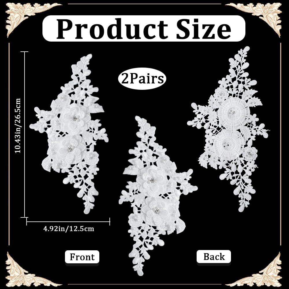 CABODYALS 4Pcs Beaded Lace Appliques White Pearl 3D Flower Crystal Applique Polyester Embroidery Floral Rhinestone Sew on Patches for Sewing Making Dresses Clothes Wedding Gown Headpiece DIY Supply
