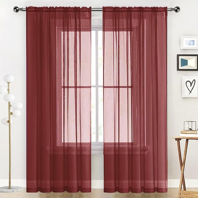 SpaceDresser Basic Rod Pocket Sheer Voile Window Curtain Panels Burgundy 1 Pair 2 Panels 52 Width 63 Inch Long for Kitchen Bedroom Children Living Room Yard(Burgundy,52 W x 63 L)