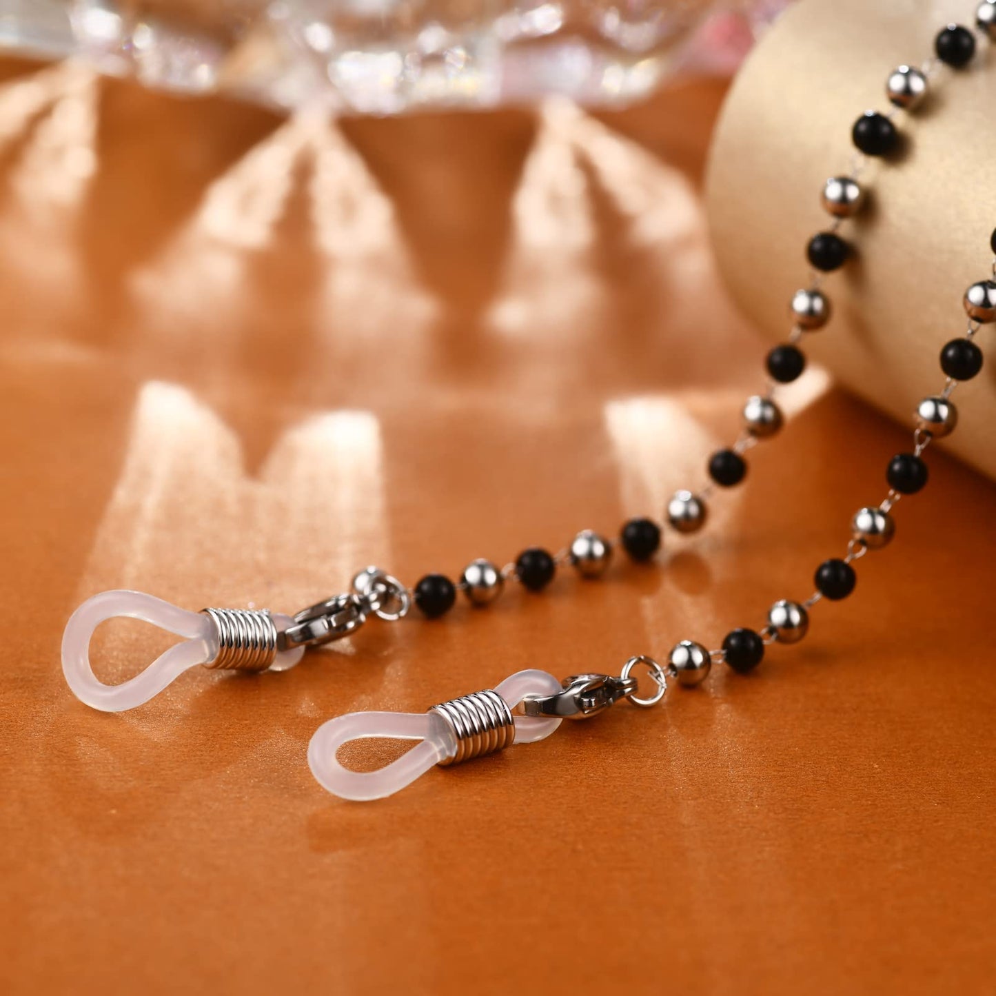 AllenCOCO Silver Fashion trend high head-turning stainless steel black bead paper clip Eyewear Chain