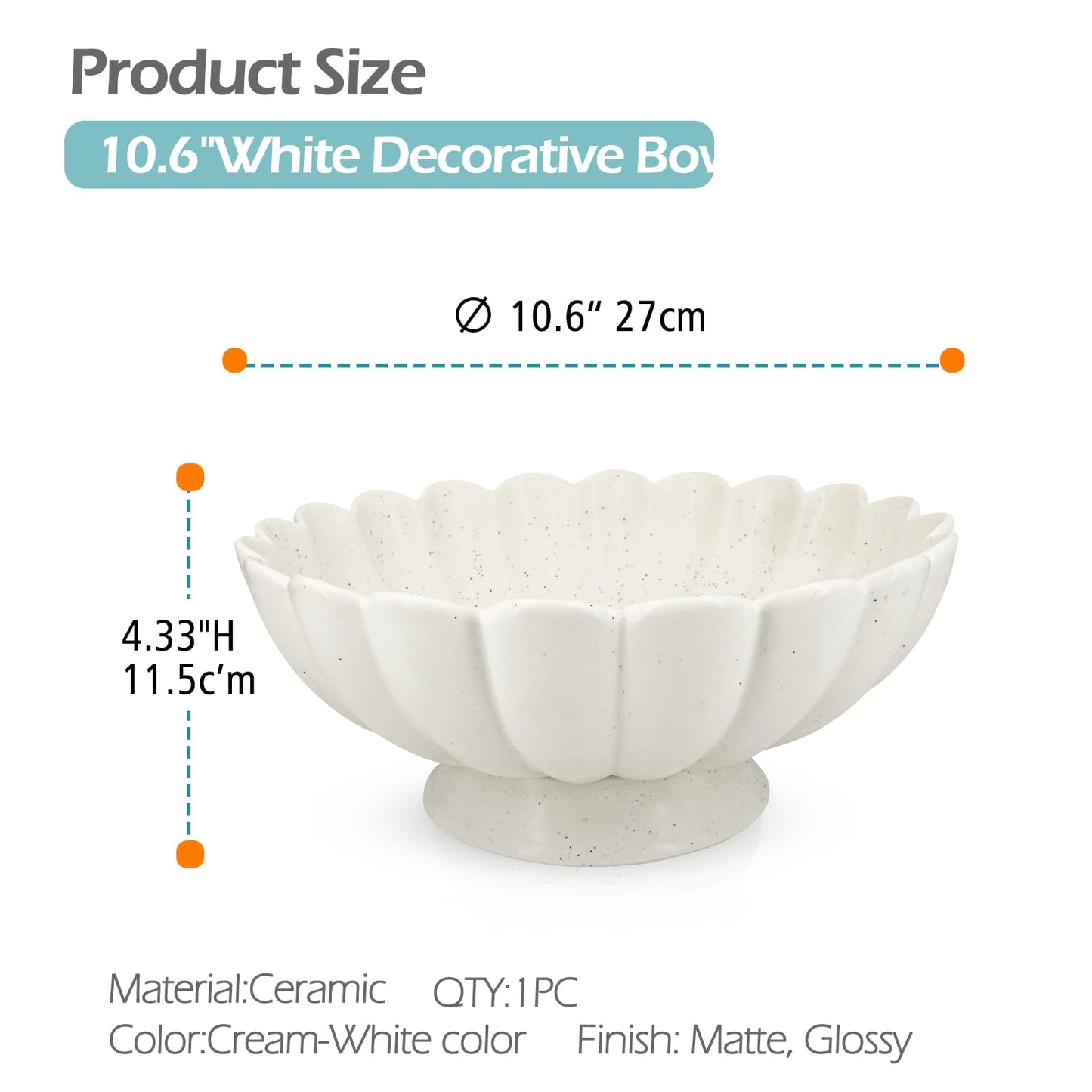 Large Fruit Bowl for Kitchen Counter-10.6" White Ceramic Fluted Scalloped Decorative Footed Bowl -Elegant Pedestal Display Bowls for Entryway Table, Perfect for Housewarming &Wedding Gift
