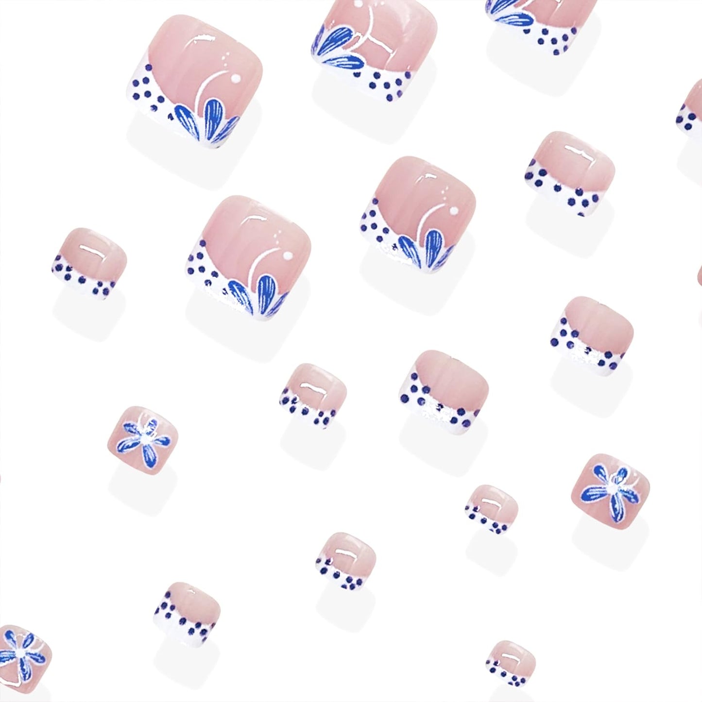 Blue Flower Press on Toenails Summer False Toenails Glossy French Tip Toe Nails Reusable Full Cover Toe Nails for Women