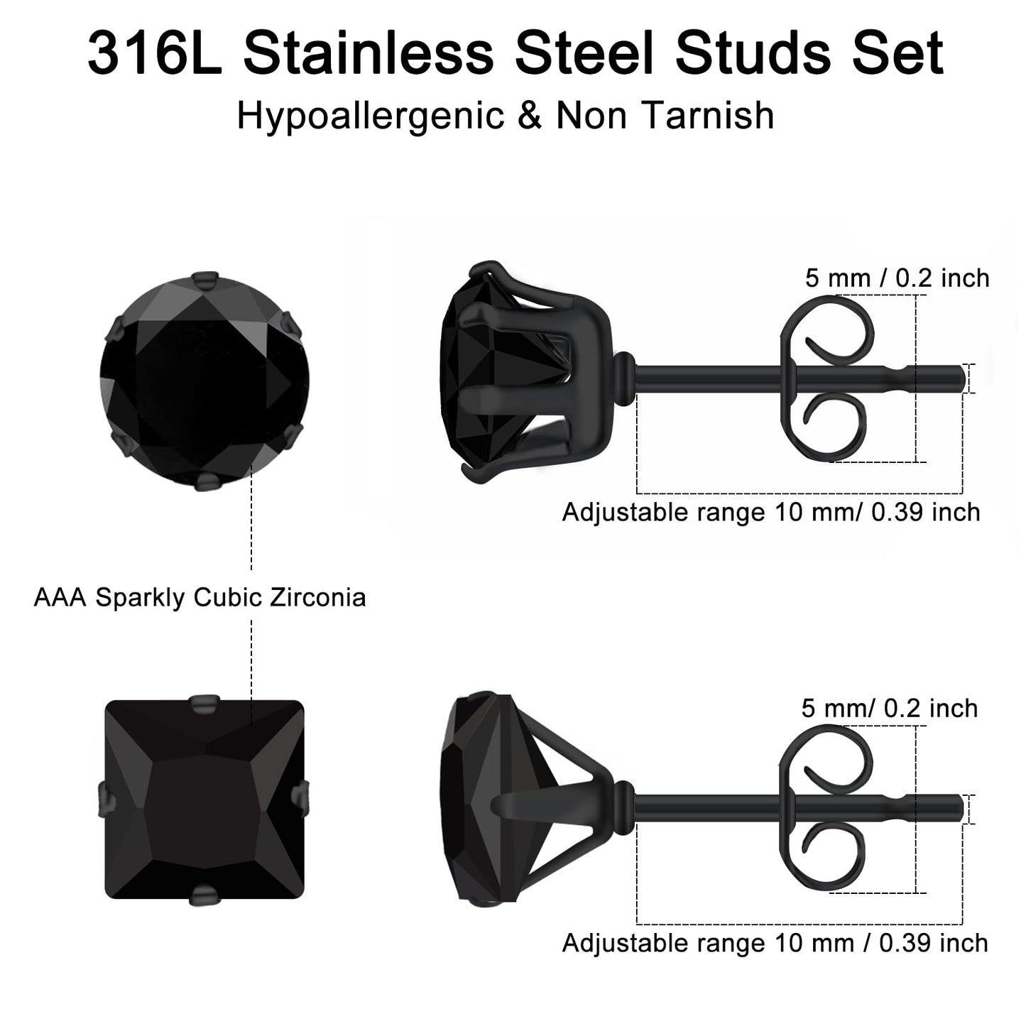 Black Earrings for Men: LUCKYPADS Cubic Zirconia Earrings Studs 12 Pairs Black Diamond Stud Earrings Small Stud Earrings for Women Hypoallergenic Earrings Multipack for Boys