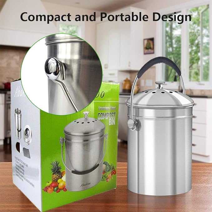 Compost Bin Countertop, Composter Bucket with Lid Abakoo 1.6 Gallon Stainless Steel Kitchen Waste Pail Plus 4pcs Bonus Charcoal Filters Clean & Odor Free