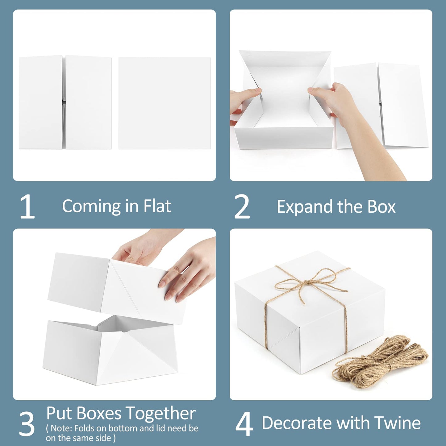 ValBox Premium Gift Boxes 10 Pack 8 x 8 x 4 White Paper Gift Boxes with 20 Meters Hemp Rope for Christmas, Thanksgiving, Wedding, Baby Shower Gifts