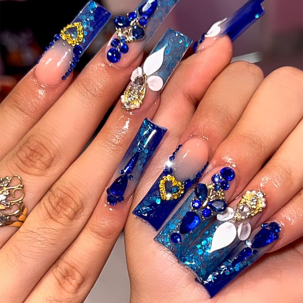 Luxury French Tip Press on Nails Shiny Blue Rhinestones Sequins Fake Nail Acrylic Long Full Cover Stick on Nails for Women Glossy Reusable False Nail 24 PCS 12 Sizes Kit Gift Manicure Decoration