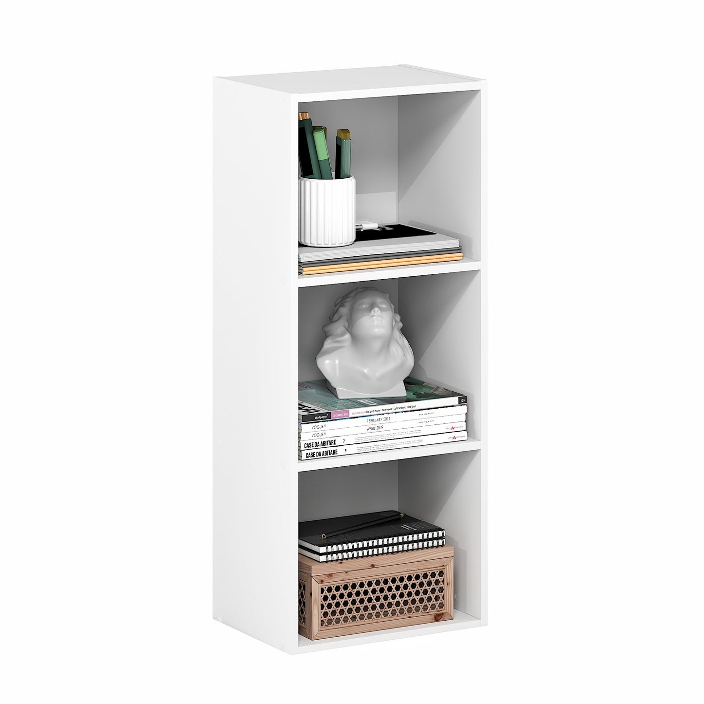 Furinno LUDER Book Shelf, 3-Cube Bookshelf, Bookcase with Open Shelves, 9.3 x 12 x 31.5, Easy Assembly, for Living Room, Bedroom, Home Office, White