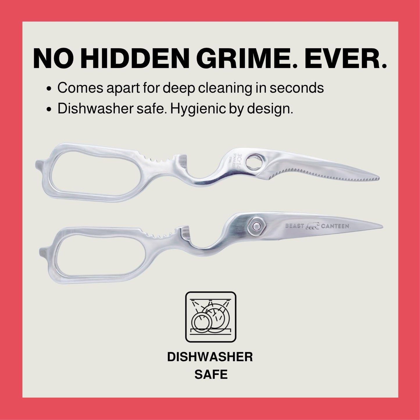 Heavy Duty Kitchen Scissors for Food — All Purpose Cooking Scissors, All Stainless Steel, No Plastic, Come-Apart Blades for Easy Cleaning, Dishwasher Safe, 5-in-1 Multi-Tool