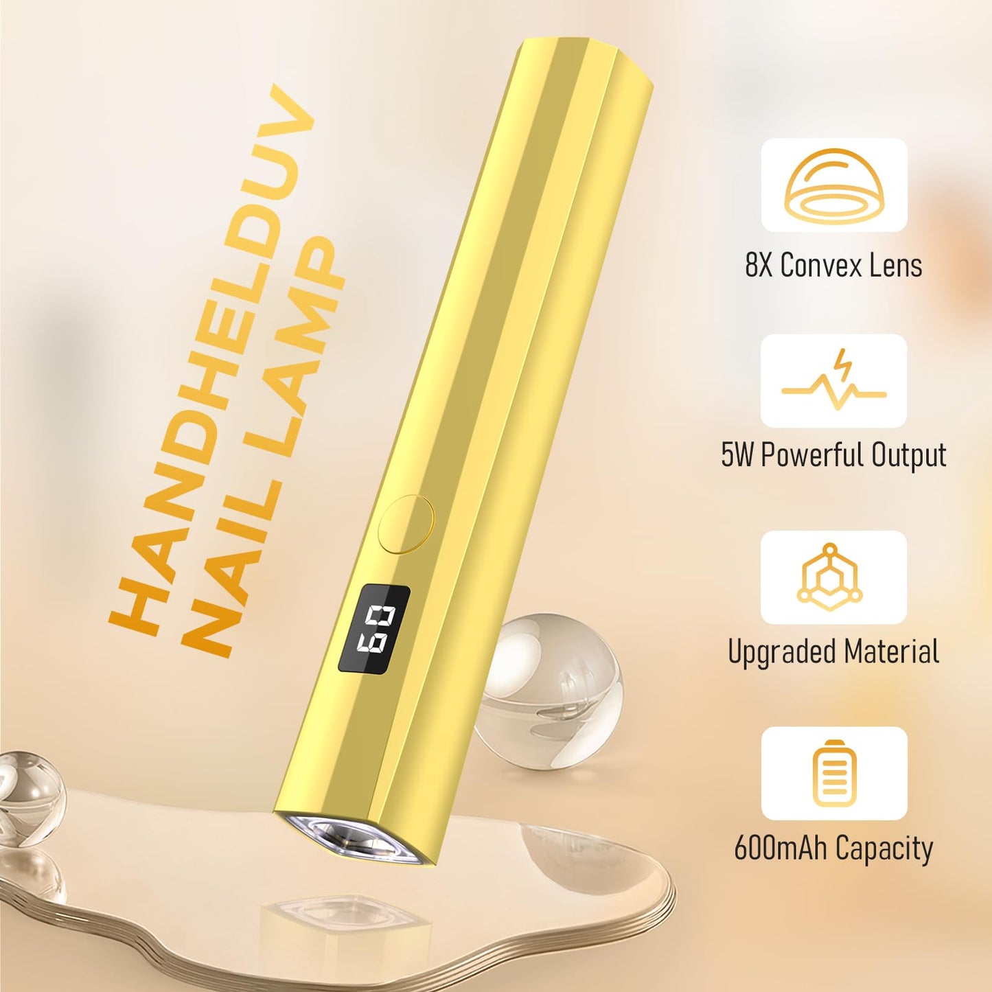 Hoonyn Handheld UV Nail Lamp, 5W Sparkly UV Light for Gel Nails, Portable LED Nail Lamp, Mini Nail Dryer with LCD Screen, USB Nail Light for Fast Curing (Gold)
