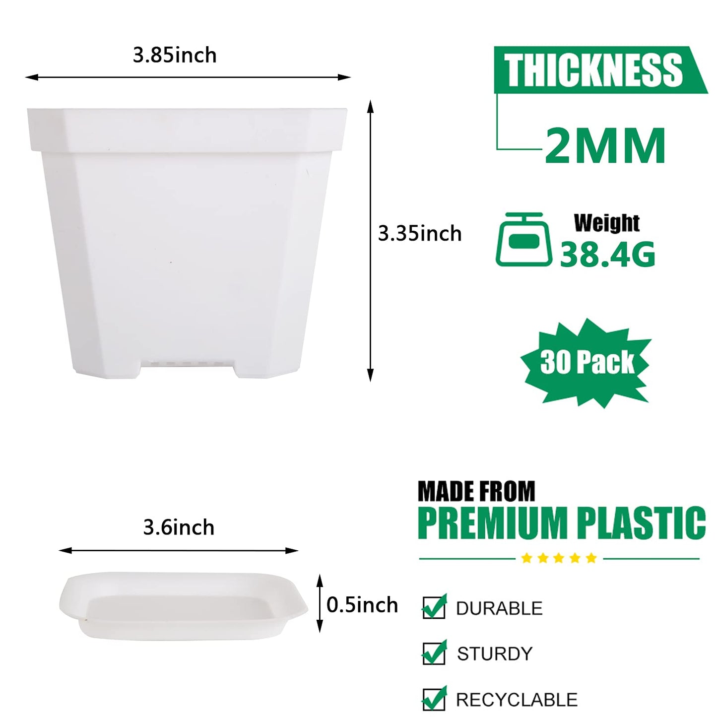 foxany 4" Nursery Pot, 30 Pcs Thick Plastic Square Planting Pots, Plant Seedling Pots, Seed Starting Pots with 30 Saucers - White
