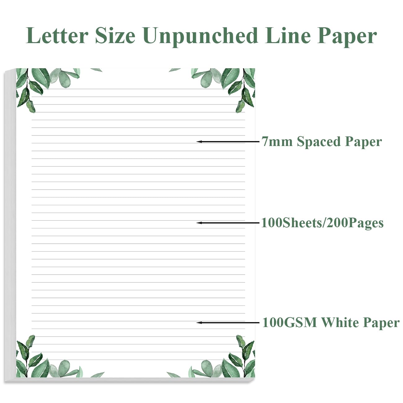Stationery Lined Paper, Letter Size Unpunched Ruled Filler Paper, 100Sheets/200Pages Loose-Leaf Line, 100gsm, 8.5'' x 11'', Leaf