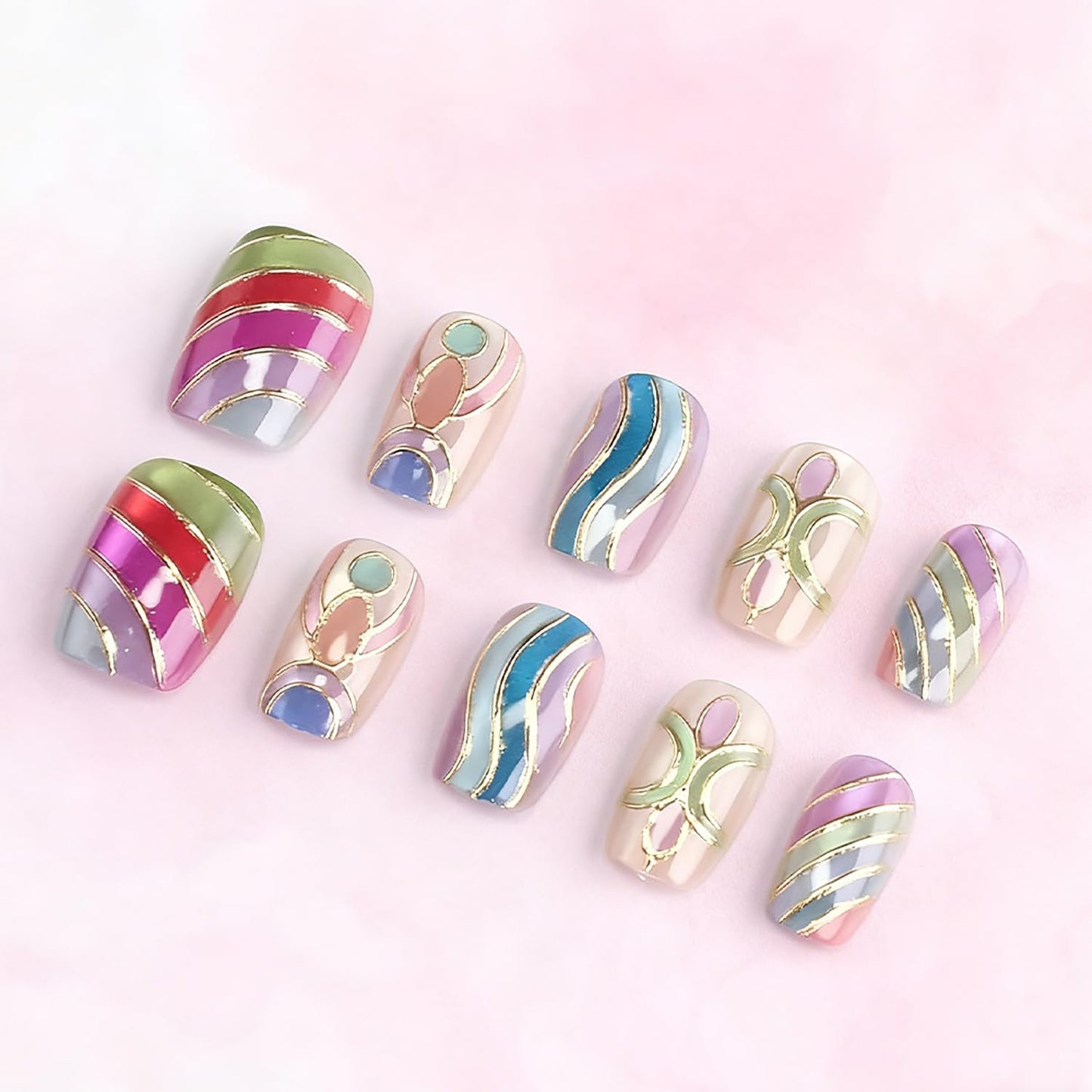 Vopintpy Multicolor Press on Nails Short Coffin Fake Nails with Design Glossy Acrylic Glue on Nail Reusable Full Cover Artificial Stick on Nail for Women DIY Manicure