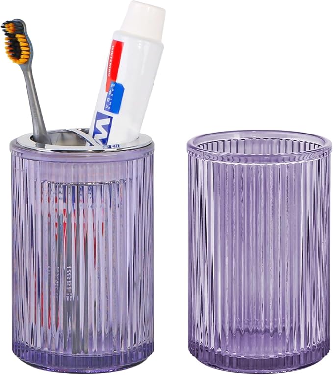 Purple Toothbrush Holders for Bathrooms, 2pcs Glass Toothbrush Holder and 12oz Bathroom Tumbler Cup Set, Silver Tooth Brush and Toothpaste Organizer for Bathroom Vanity Countertop