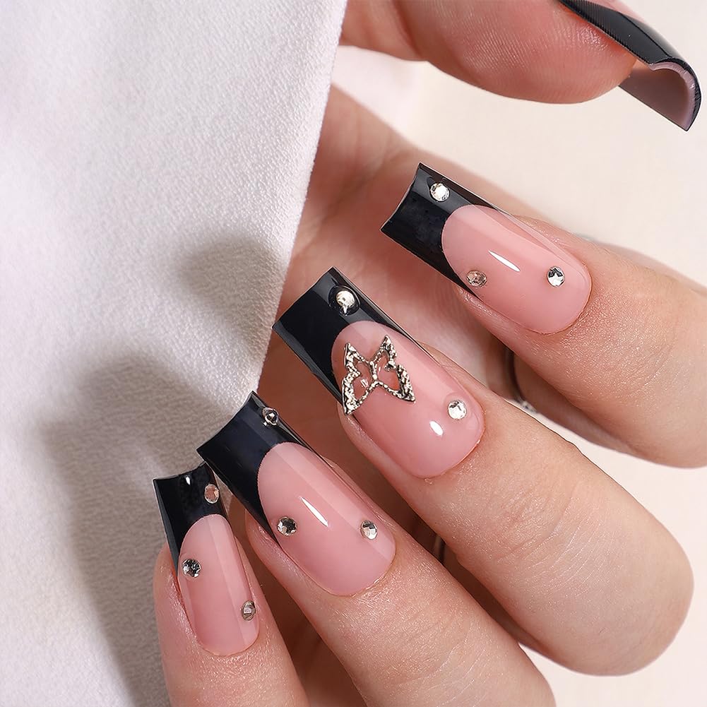 WAFOLOZE Black French Tip Press On Nails - Long Square Fake Nails With Glue, 16 Sizes - 32Pcs False Tips Kit, Stick On Artificial Nails for Women