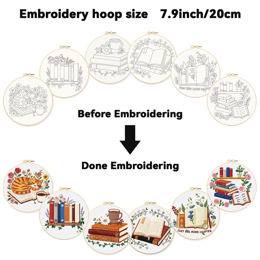 ORIGACH 6 Pack Book & Flower Embroidery Kits for Beginners, DIY Starter Hand Embroidery Kit with Floral Books Patterns and Instructions for Book Lover Adults Women Crafting