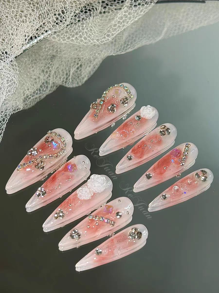 Sonloka 10-Piece Handmade Press On Nails Set - Convenient, Versatile, Reusable - Includes Press On Nails, Glue On Nails, Impress Nails - Pastel & Variety of Styles, Clear red