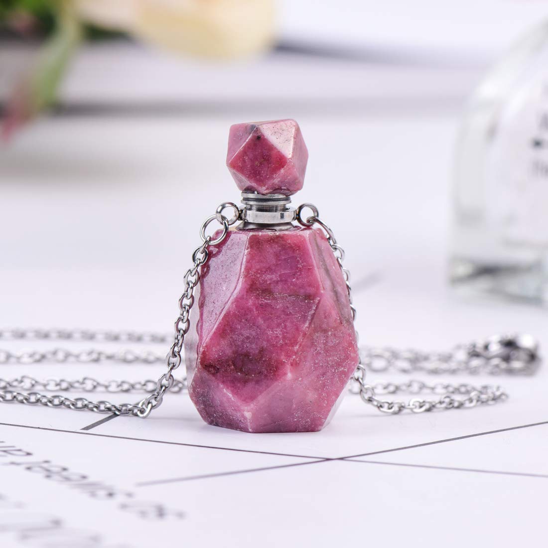 YGLINE Rhodonite Natural Gemstone Perfume Bottle Pendant,Slive Plated Healing Chakra Crystal Vial Perfume Bottle Necklace