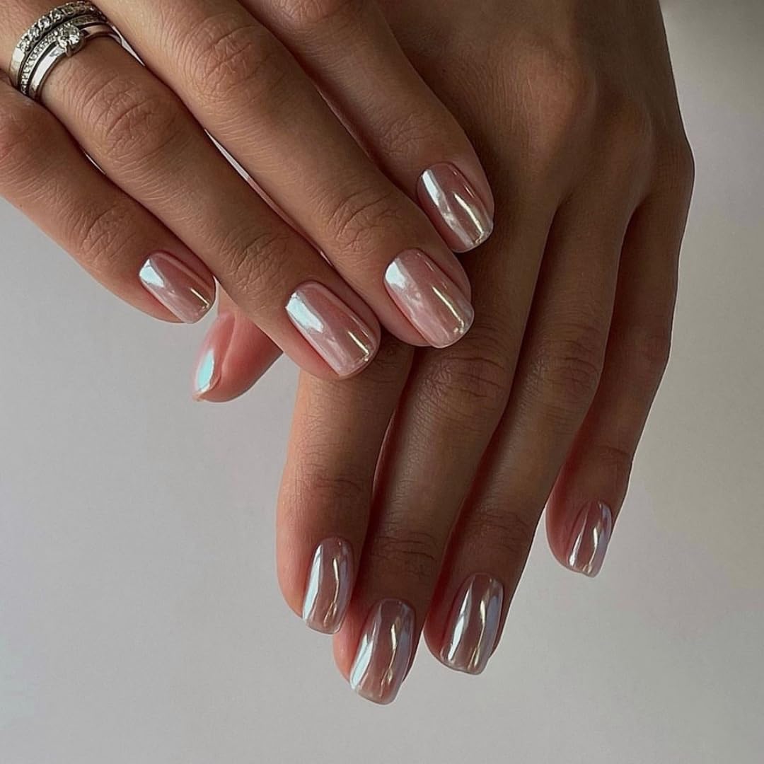 Nude Press On Nails Short - KQueenest Chrome Press On Nails Square, Sparkly Fake Nails Press ons, Bling Glazed Glue on Nails Short Coffin, Cute Shiny False Nail Gel Stick On Nails for Women Weddings