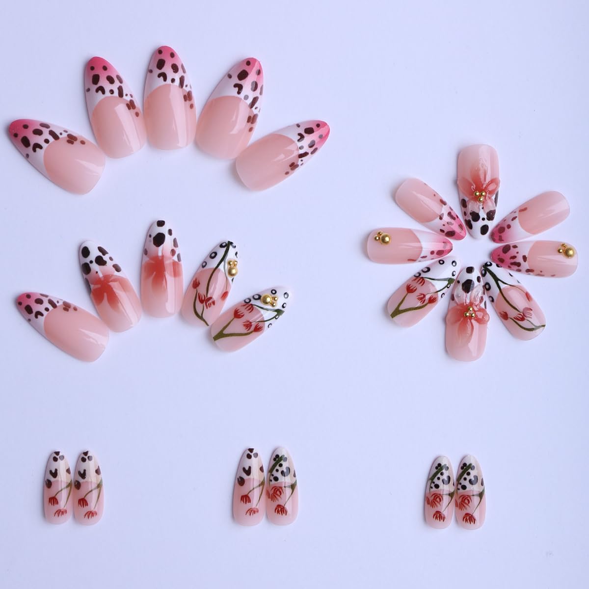 Almond Press on Nails, Medium French Tip Fake Nails with Leopard Print & 3D Flower Design, Pink Ombre False Nails with Gold Bead Decor, Reusable Glue on Nails for Women Summer Manicure, 24Pcs