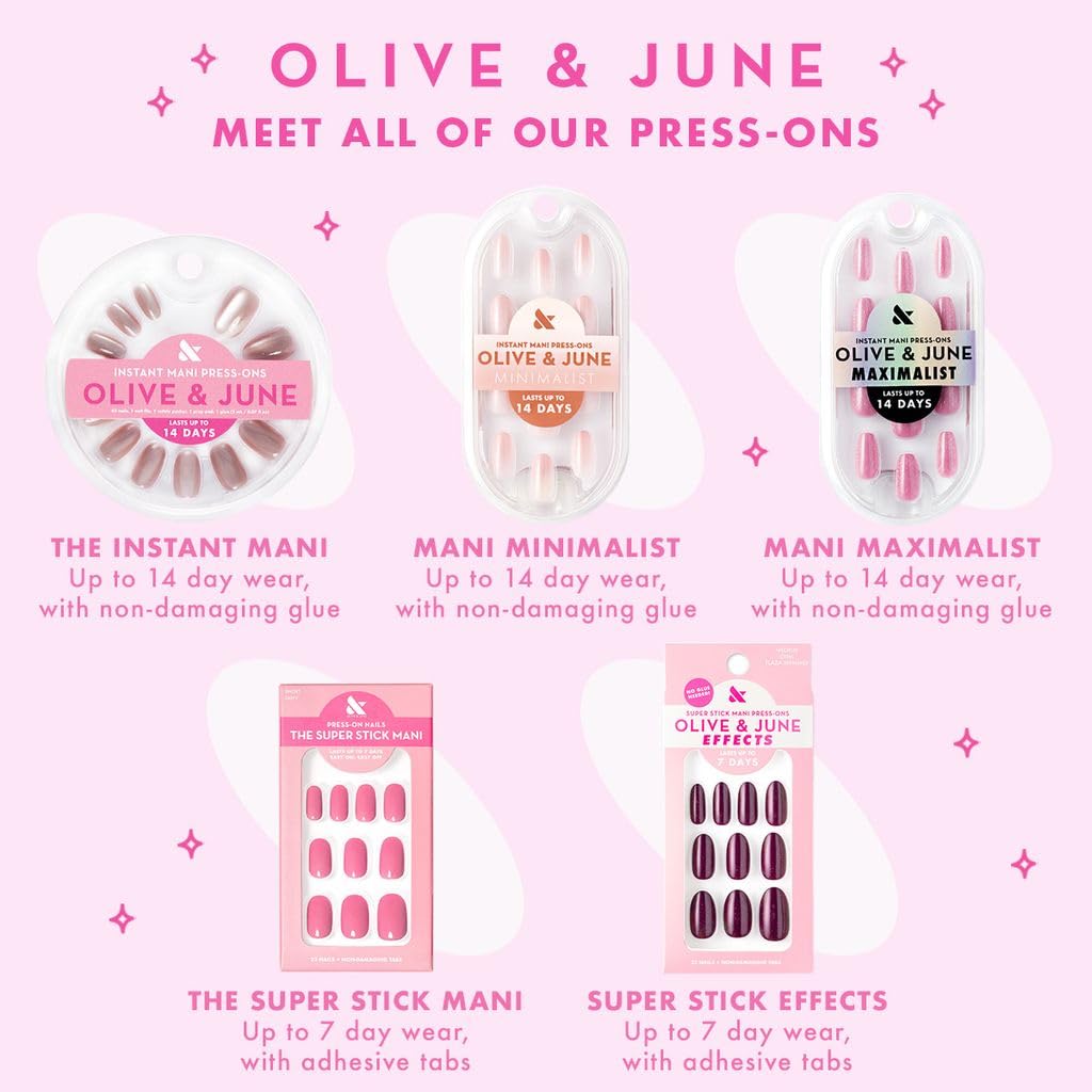 Olive & June Classic Super Stick Mani Press On Nails | No Glue Needed | 32 Tab Nails 16 Sizes | Non-Toxic Tabs Non-Damaging 7-Day Wear | Spring Flowers & Patterns | Short, Round | Floral Doodle