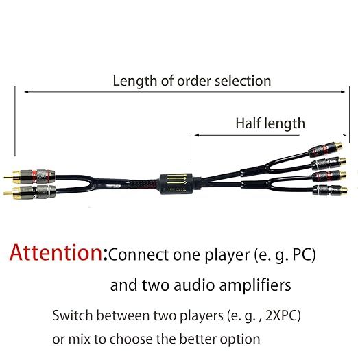 Arklove 2ft Shielded RCA Plug Splitter Stereo Audio Video Cable 2 Male to 4 Female Dual Speaker Y Adapter Connector Extension Cord 24k Gold Plated 1 Input 2 Output