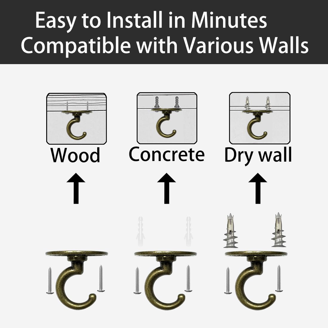 Evsteluo Heavy Duty Ceiling & Wall Hook for Hanging Plants – Holds Up to 50 lbs – – Includes All Mounting Hardware for Drywall, Wood, Cement (2, Antique Brass)