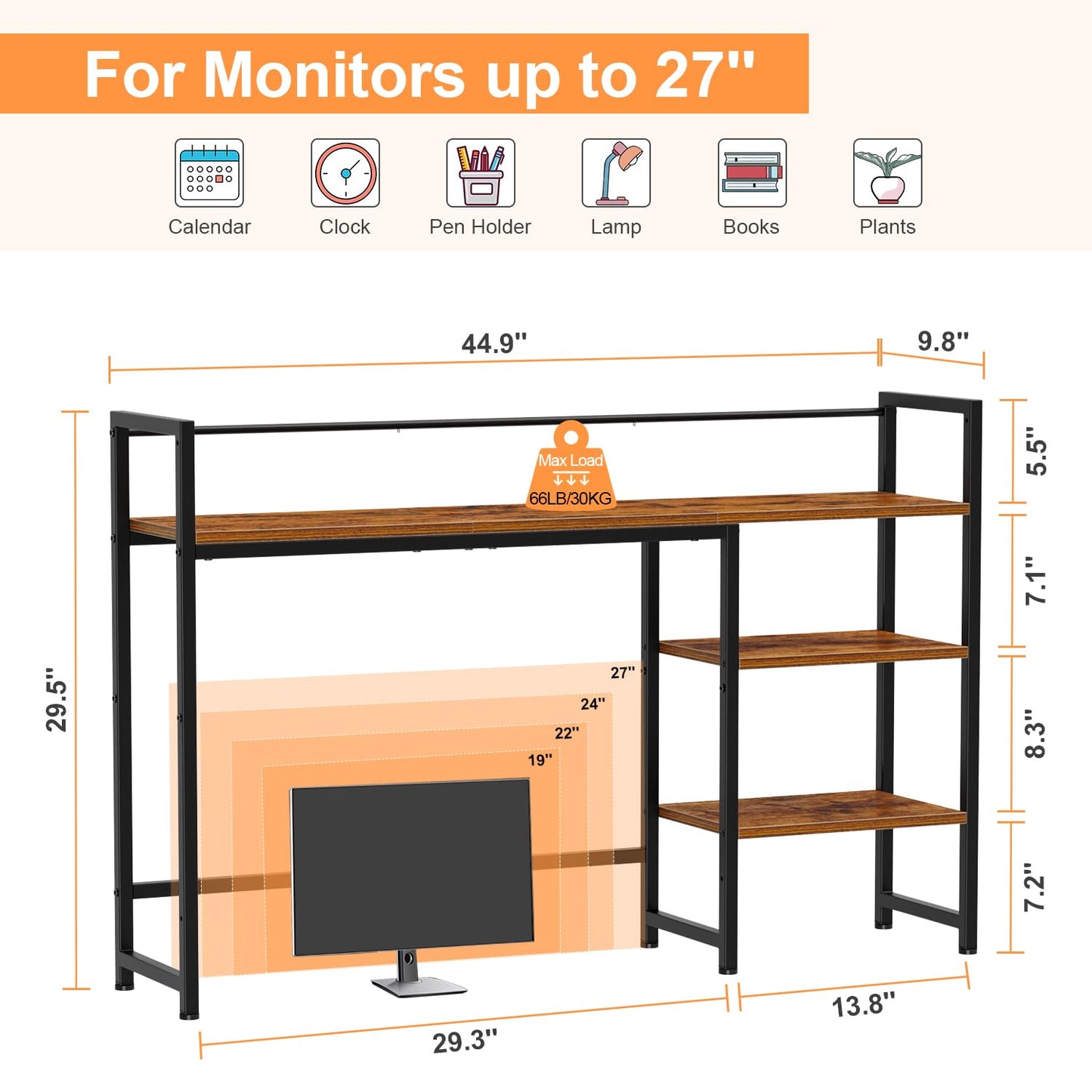 Snughome Desk Shelf, 44.9" Large Desktop Organizer Shelf, Desk Hutch for Computer Monitor, 4 Tier Desk Top Display Rack, Wood Desktop Bookshelf Storage Rack for Home Office Dorm
