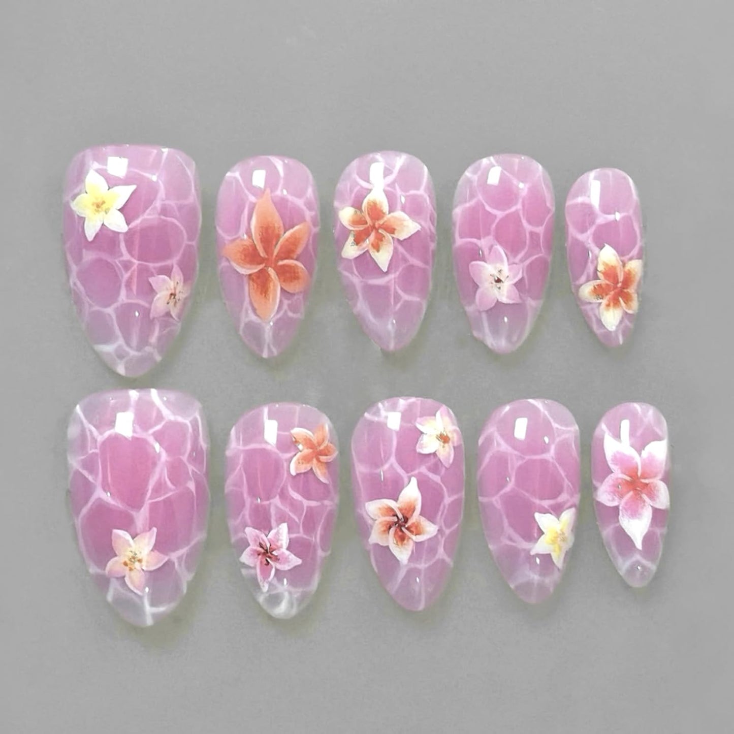 24Pcs Flower Press on Nails Medium Almond Fake Nails Marble Pattern Cute Floral Nail Art False Nails Short Almond-shaped Full Cover Reusable Artificial Nails Handmade False Nails for Women