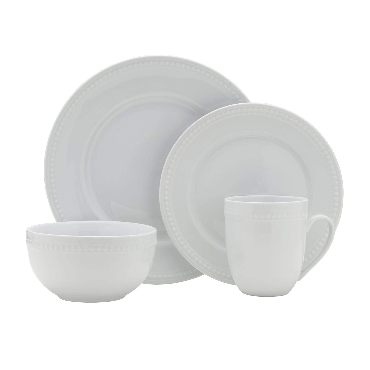 Everyday White by Fitz and Floyd, Beaded 16 Piece Dinnerware Set, Service for 4