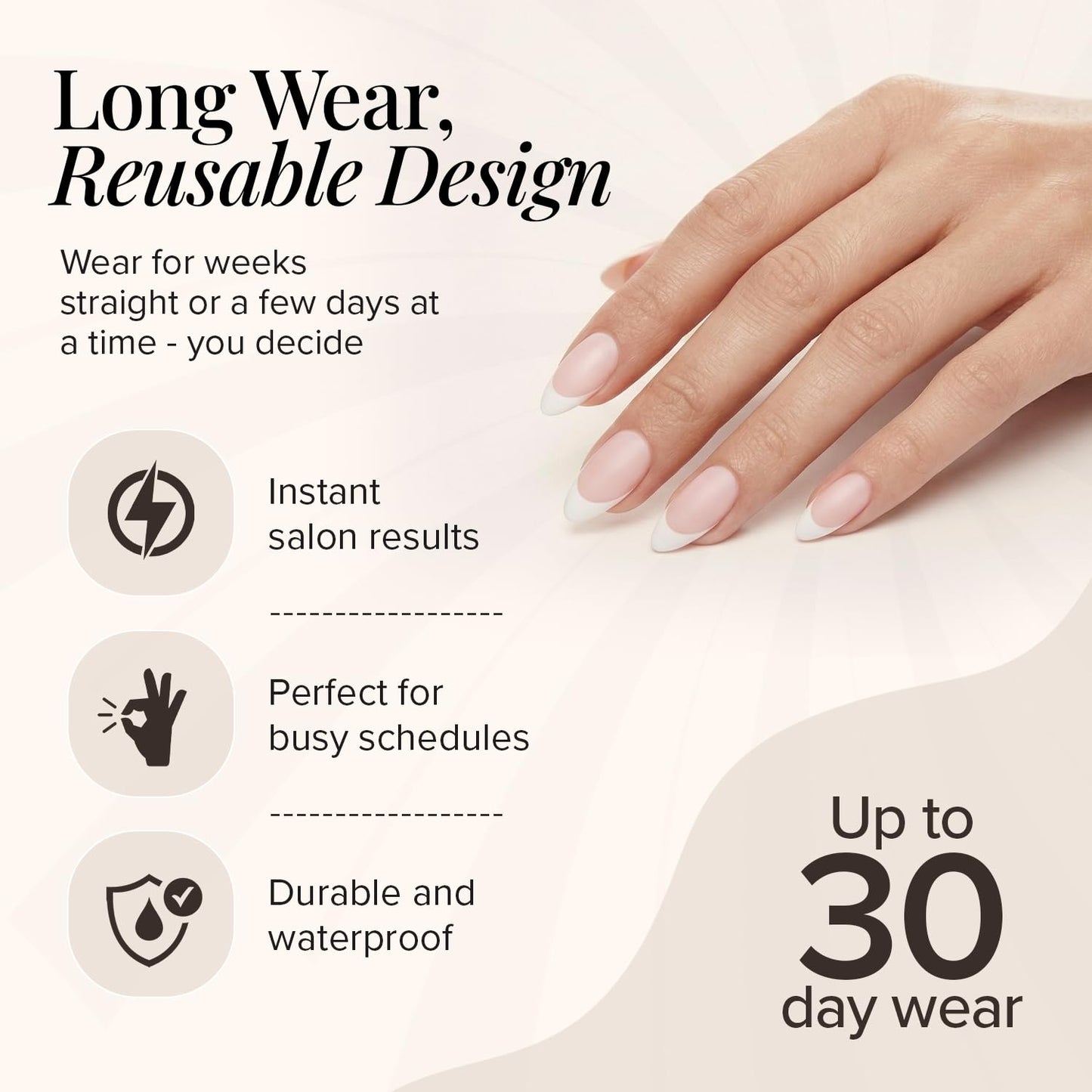 Static Nails Reusable Pop-On Manicure Set - Matte French Almond | Almond Shaped False Nails | Medium Press On Nails | Salon Quality Non-Damaging Acrylic Nails | Fake Nail Kit with Glue