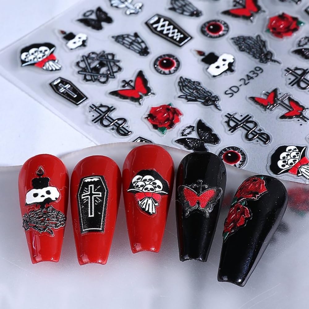 Halloween Nail Stickers Ghost Skeleton Nail Art Stickers 3D Self-Adhesive Butterfly Bow Nail Designs 5D Embossed Coffin Pumpkin Nails Supplies for Women Holiday DIY Manicure 5 Sheets