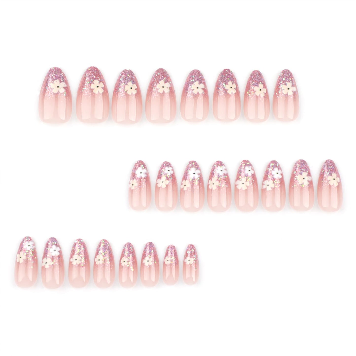 Spring Press on Nails Short Almond Fake Nails with White Flower Glitter Designs Nude Pink Nails Press ons Glossy Full Cover Glue on Nails Reusable Acrylic Artificial Nails for Women