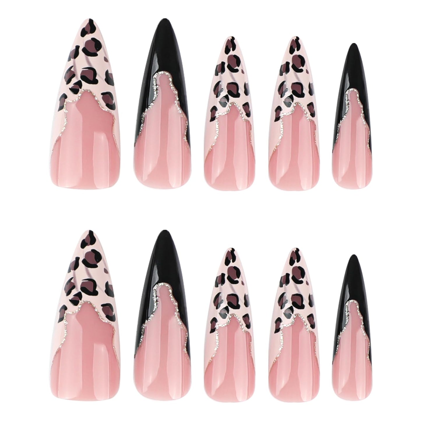 MISUD Press on Nails - Long Stiletto Glue on Nails with Black French Tip, Acrylic Cheetah Leopard Design 24 pcs