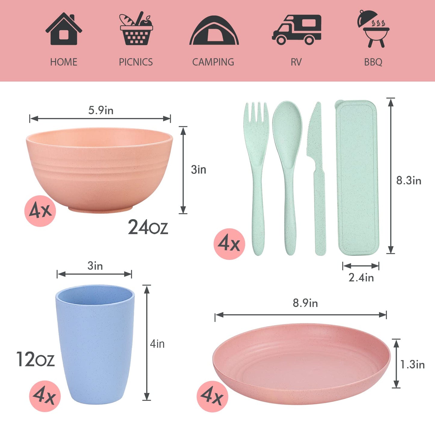 Wheat Straw Dinnerware Sets for 4, Wheat Straw Plates and Bowls Sets Kitchen Dishes 28pcs College Dorm Room Essentials Cutlery Set Microwave Safe (Colorful)