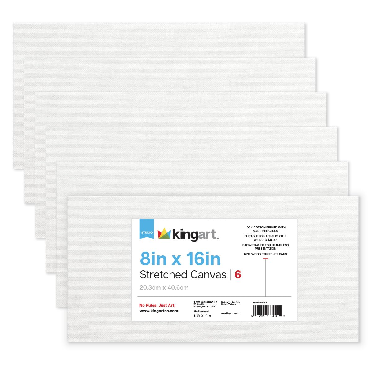 KINGART Studio Stretched Canvas Set – 8x16 Inch Rectangle, 6-Pack – 100% Cotton, Acid-Free Acrylic Primed Gesso – Professional Artist Quality for Oil, Acrylic, & Mixed Media – Value Pack