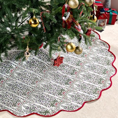 45 Inch Christmas Tree Skirt Vintage Red Floral Block Print Tree Skirts with Scalloped Edge, Classic Xmas Tree Skirt for Merry Christmas Party Holiday Home Farmhouse Indoor Outdoor Decorations