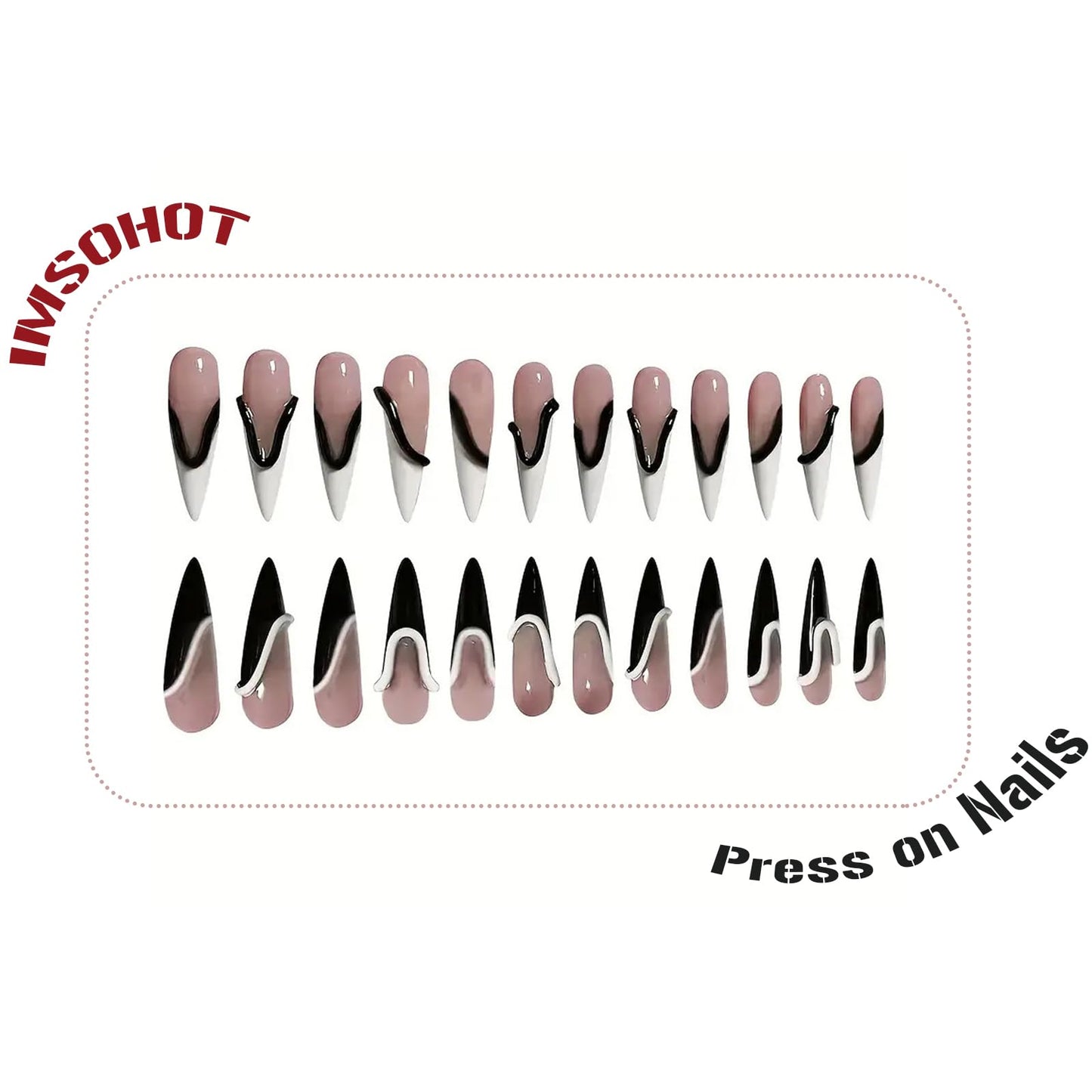 IMSOHOT Press on Nails Long Stiletto Fake Nails Black White French Tips False Nails with 3D Line Designs Glossy Full Cover Artificial Acrylic DIY Glue on Nails