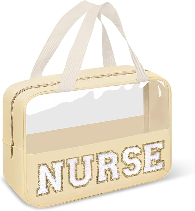 Nurses Week Gifts Chenille Letter Clear NURSE Makeup Bag for Women,Preppy Nurse Cosmetic Pouch Zipper with Handle Nurse Essentials Bag for Work Supplies,Labor and Delivery Nurse Gifts(NURSE-Beige)