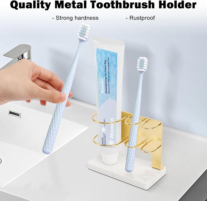 Toothbrush Holder for Bathroom Counter, Metal Toothbrush and Toothpaste Holder Stand with Marble Base for Bath Organizer Countertop, 3 Slots (Gold)