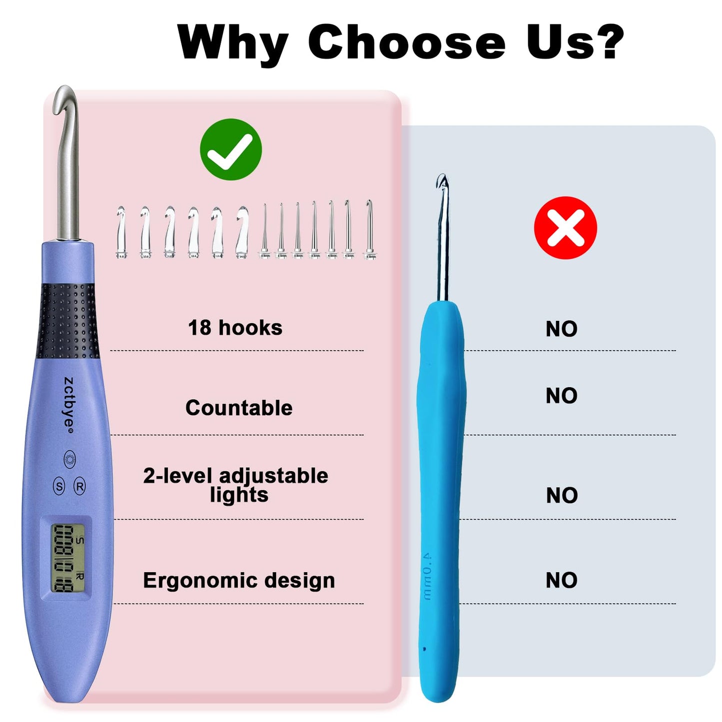 Light Up Crochet Hook Set Lighted Crochet Hook Set with 12 Different Size Interchangeable Crochet Needle, Ergonomic with 2 Levels Led and Digital Stitch Counter for Crocheting and Knitting