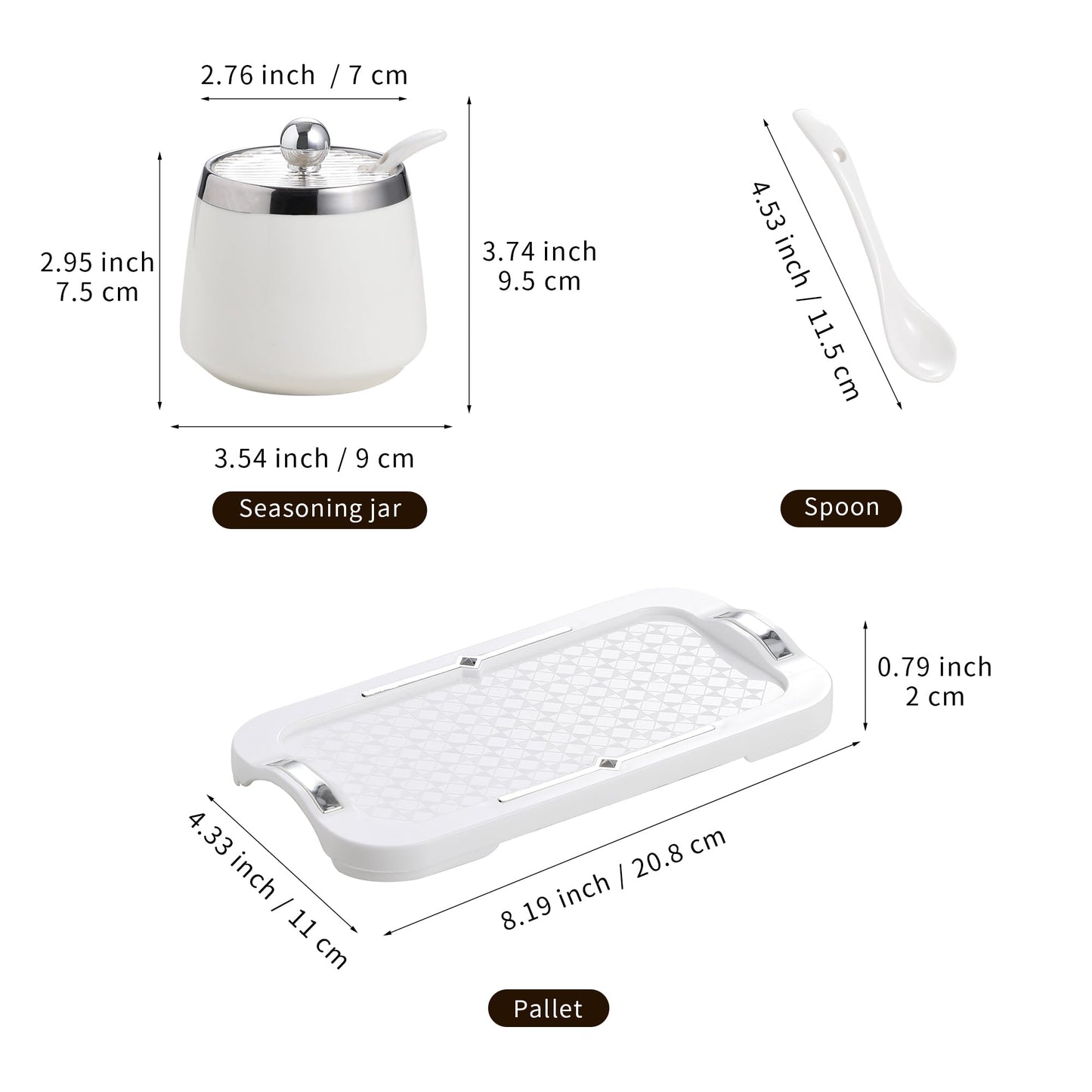 shuqiao Porcelain Condiment Jar Spice Container with Lid - Ceramic Spoon, Plastic Tray is the best clay pot for your home, kitchen, counter. White, 280 ml (9.4 oz), 2-piece set (3, Square)