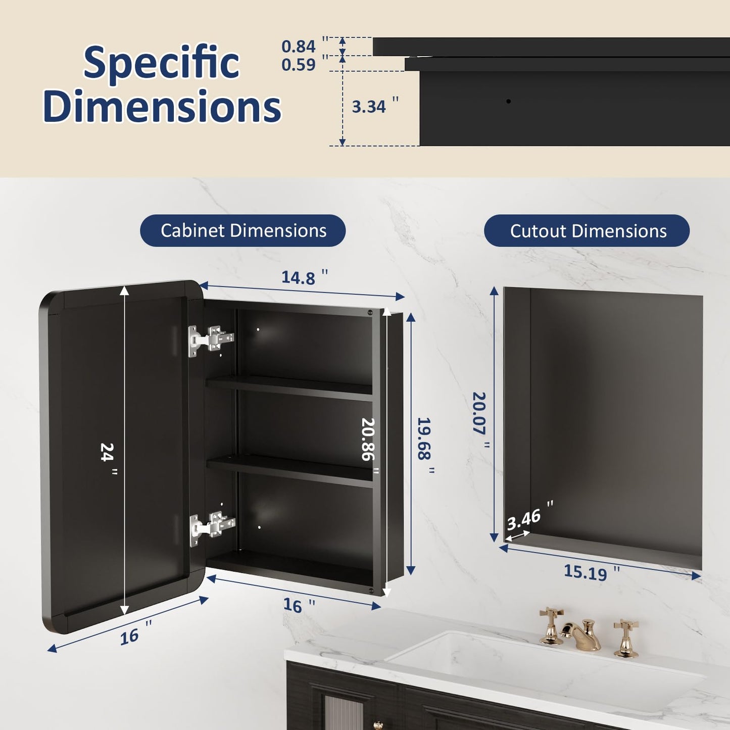 Yunnshee Yursa Medicine Cabinet Mirror 16x24 Inch, Black Bathroom Mirror Cabinet with Stepless Adjustable Shelves, Rounded Rectangle Metal Framed, Bathroom Mirror with Storage Recessed or Wall Mount