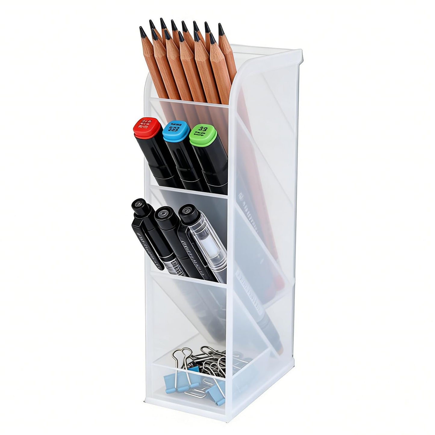 Tissting Pen Holder for Desk, 4 Compartment Pencil Organizer Tiered Vanity Countertop Makeup Brush Desktop Storage Rack, Plastic Angled Storage Organizer for Pen Makeup Brush(Transparent)